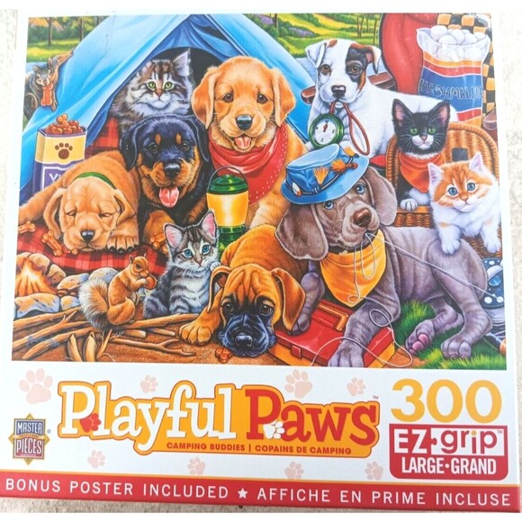 Camping Buddies 300 EZ Grip oversized Piece Jigsaw Puzzle Playful Paws - Picture 1 of 4